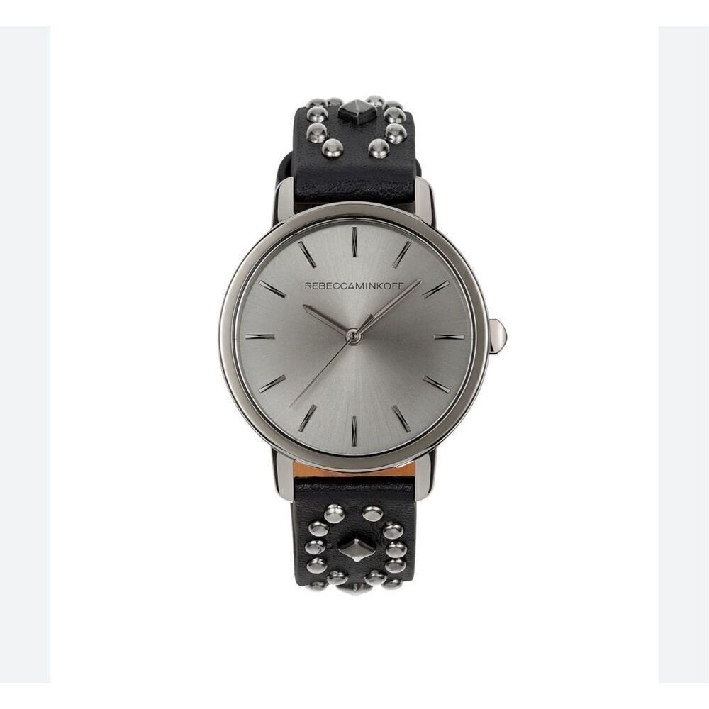 Rebecca Minkoff Black Leather Studded Strap Silver Dial Watch